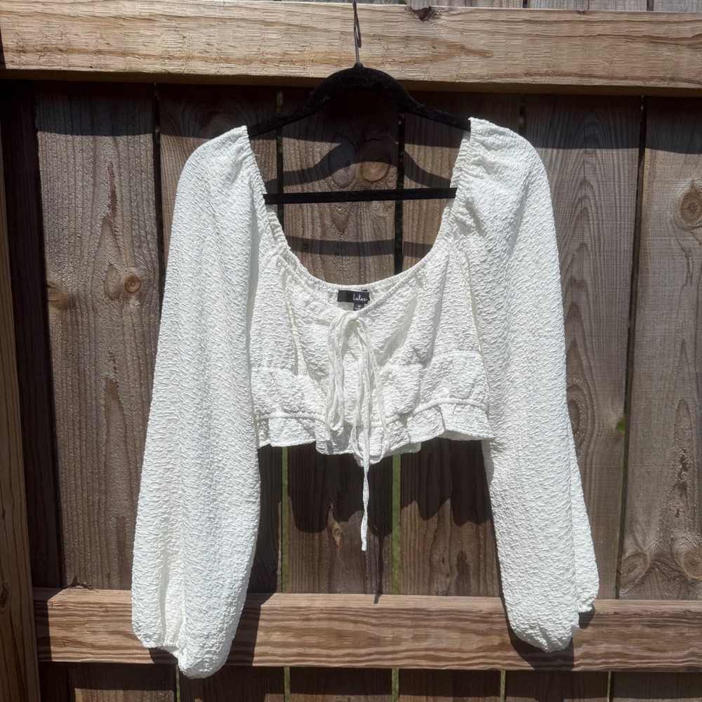 Lulus White Textured Tie Front Balloon Sleeve Crop Top Blouse Medium